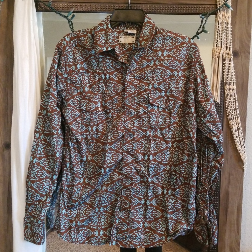 Mens brown / blue pearl snap western shirt med